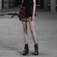 OPQ-322 Punk Asymmetrical black-Red Plaid Pleated Short Skirt For Women?-??Punk Rave Clothing