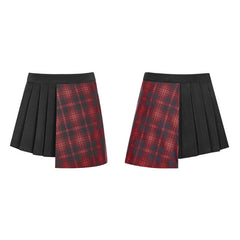 OPQ-322 Punk Asymmetrical black-Red Plaid Pleated Short Skirt For Women?-??Punk Rave Clothing