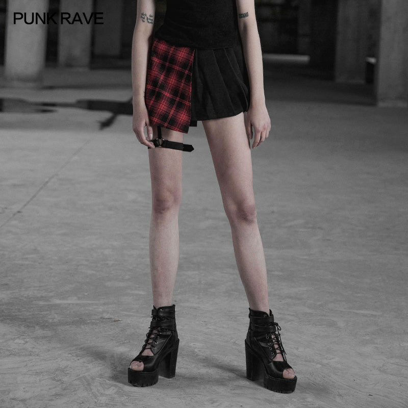 OPQ-322 Punk Asymmetrical black-Red Plaid Pleated Short Skirt For Women?-??Punk Rave Clothing