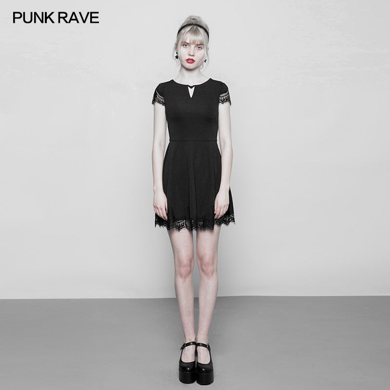 OPQ-349 Womens Hollow Out Lace Stitching V-collar Gothic Dress?-??Punk Rave Clothing