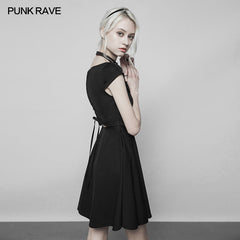 OPQ-360 Womens Lotus Leaf V-Collar Folding Back Drawstring black Halter Dress?-??Punk Rave Clothing