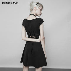 OPQ-360 Womens Lotus Leaf V-Collar Folding Back Drawstring black Halter Dress?-??Punk Rave Clothing