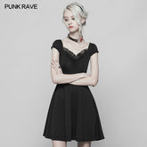 OPQ-360 Womens Lotus Leaf V-Collar Folding Back Drawstring black Halter Dress?-??Punk Rave Clothing