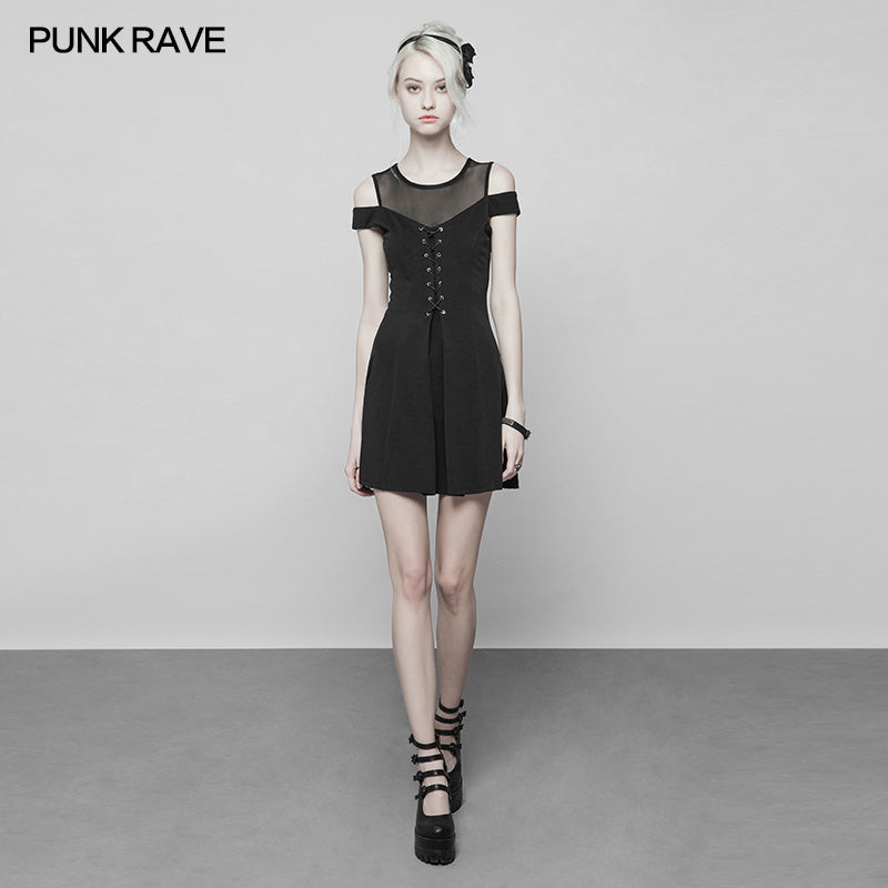 OPQ-367 Womens Knitted Front Tie Rope Design Mesh Stitching Strapless Dress?-??Punk Rave Clothing