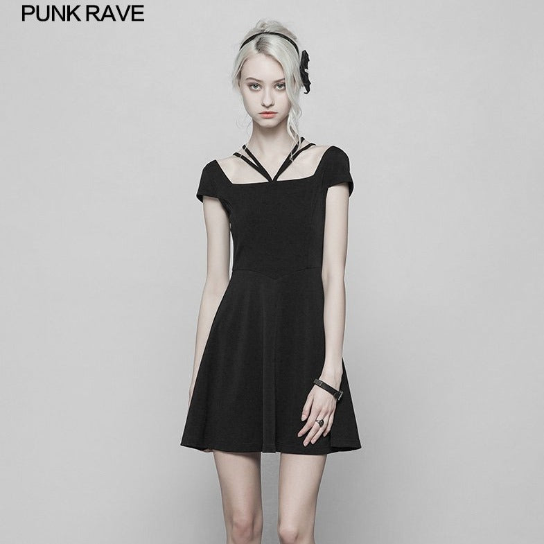 OPQ-378 Vintage Sexy Back Lace Stitching Deep V Shape black Strap Dress?-??Punk Rave Clothing