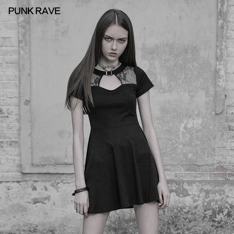 OPQ-384 Sexy Hollow Out Lace Stitching Knit Gothic Dress With Buckle Collar Design?-??Punk Rave Clothing