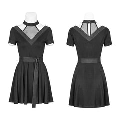 OPQ-392 Personality Cotton Choker Mesh Stitching black Punk Dress With Belt?-??Punk Rave Clothing