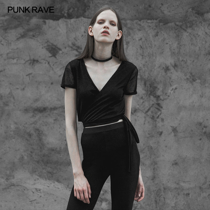 OPT-243 Simple Sexy black Punk Top Bandage Halter Deep V-Neck T-shirt?-??Punk Rave Clothing