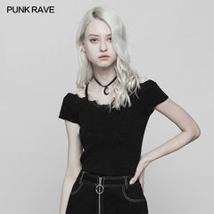 OPM-097 Punk Lace V-collar Back Cross Strap Knitted Sweater T-shirt?-??Punk Rave Clothing