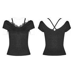 OPM-097 Punk Lace V-collar Back Cross Strap Knitted Sweater T-shirt?-??Punk Rave Clothing