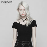 OPM-097 Punk Lace V-collar Back Cross Strap Knitted Sweater T-shirt?-??Punk Rave Clothing