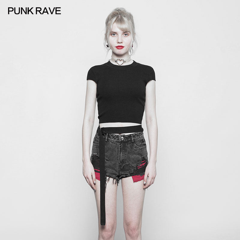 OPM-095 Womens Round Collar Punk Sweater Top With Personality Belt?-??Punk Rave Clothing