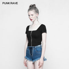 OPY-317 Personality Punk Top Square Collar Knit Cardigan T-shirt?-??Punk Rave Clothing
