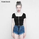 OPY-317 Personality Punk Top Square Collar Knit Cardigan T-shirt?-??Punk Rave Clothing