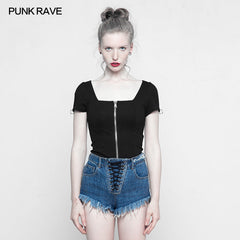 OPY-317 Personality Punk Top Square Collar Knit Cardigan T-shirt?-??Punk Rave Clothing