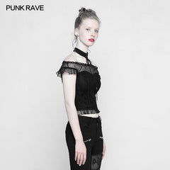 OPT-221 Soft Lace Imitate Silk Wrinkled Stitching Off Shoulder Tops Gothic T-shirt For Women?-??Punk Rave Clothing