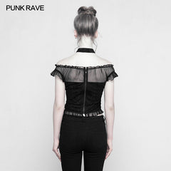 OPT-221 Soft Lace Imitate Silk Wrinkled Stitching Off Shoulder Tops Gothic T-shirt For Women?-??Punk Rave Clothing