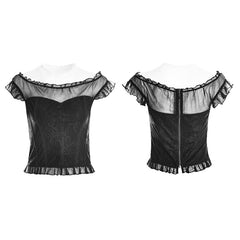 OPT-221 Soft Lace Imitate Silk Wrinkled Stitching Off Shoulder Tops Gothic T-shirt For Women?-??Punk Rave Clothing