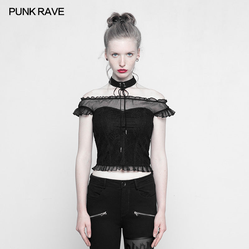 OPT-221 Soft Lace Imitate Silk Wrinkled Stitching Off Shoulder Tops Gothic T-shirt For Women?-??Punk Rave Clothing
