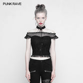 OPT-221 Soft Lace Imitate Silk Wrinkled Stitching Off Shoulder Tops Gothic T-shirt For Women?-??Punk Rave Clothing