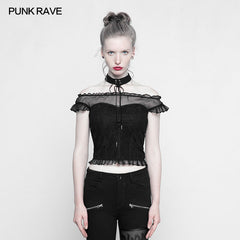 OPT-221 Soft Lace Imitate Silk Wrinkled Stitching Off Shoulder Tops Gothic T-shirt For Women?-??Punk Rave Clothing