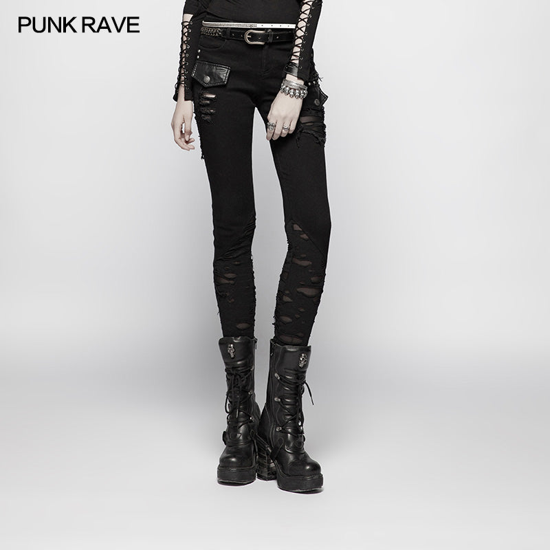 OK-344 Punk Elastic Stitching Trousers With Broken Hole?-??Punk Rave Clothing