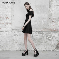 OPM-096 Off Shoulder Lotus Leaf Ice Silk Dress?-??Punk Rave Clothing