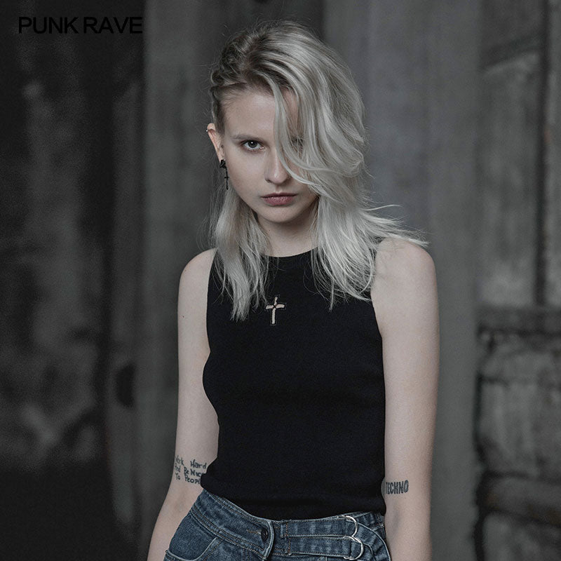 OPM-099 Cross Hollow Punk Knitted Vest?-??Punk Rave Clothing