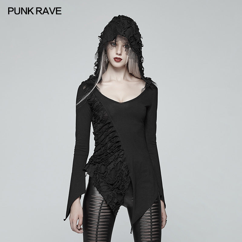 WT-544 Dark Hooded Asymmetric Long Sleeve T-shirt?-??Punk Rave Clothing