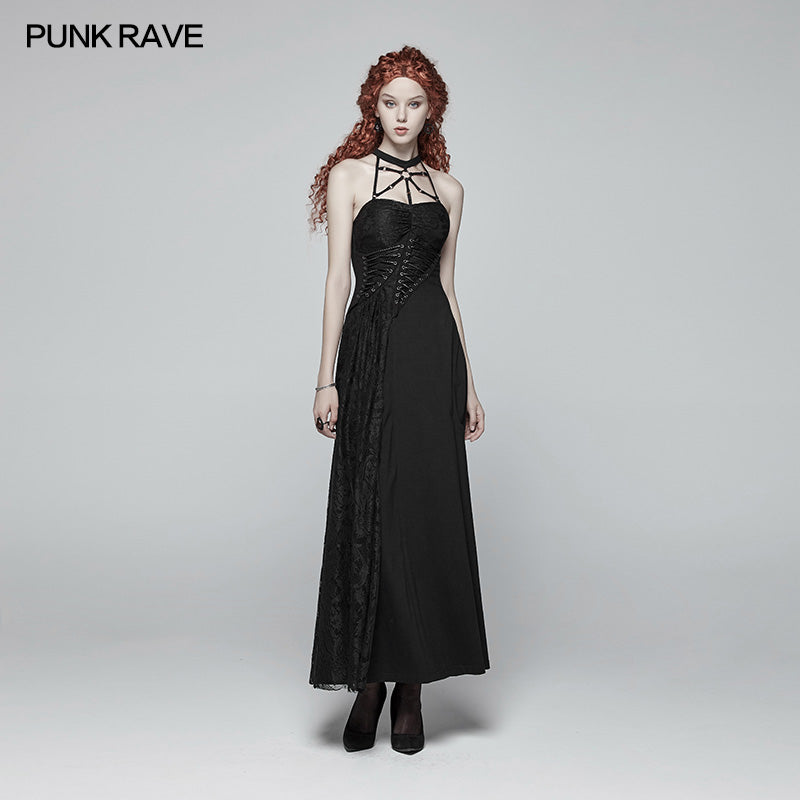 OQ-395 Gothic Womens Cross Halter Neck Daily Wear Dress?-??Punk Rave Clothing