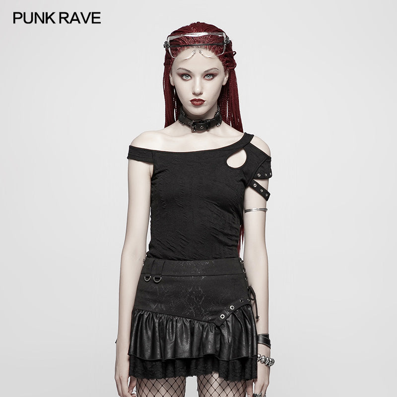 OT-548 Daily Punk Short Sleeve T-shirt With Eyelets Decoration?-??Punk Rave Clothing