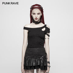 OT-548 Daily Punk Short Sleeve T-shirt With Eyelets Decoration?-??Punk Rave Clothing