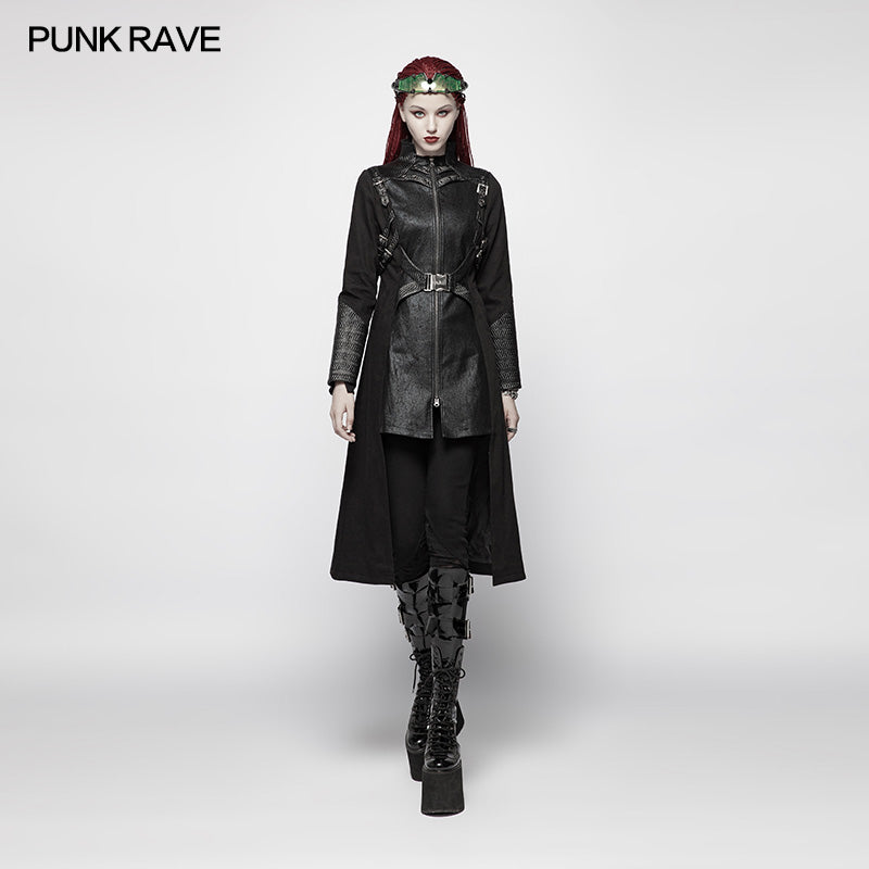 WY-974 Punk Women Standing Collar Warrior High Low Long Coat?-??Punk Rave Clothing