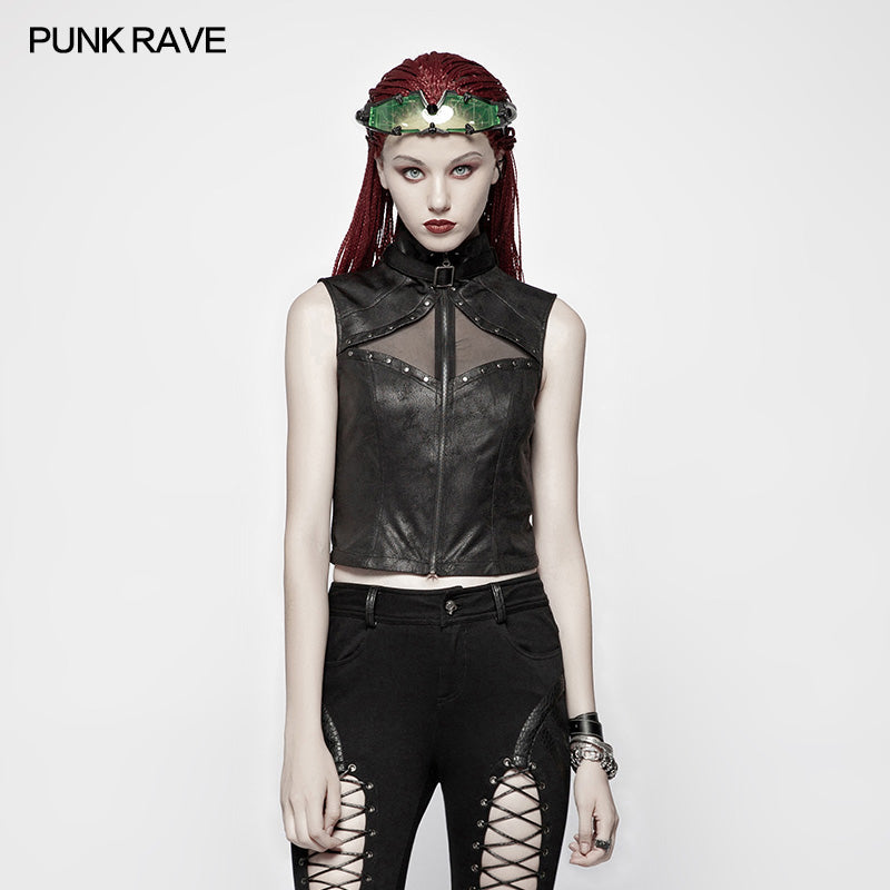 WY-986 Punk High Neck Elastic Knitted PU Super Short Vest?-??Punk Rave Clothing