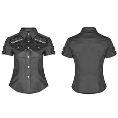 WY-954 Military Short Sleeve Shirt With PU Loop And Metal Adjustment Buckle Blouse?-??Punk Rave Clothing