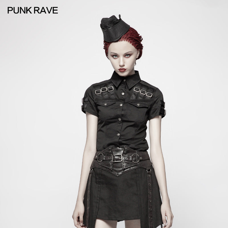 WY-954 Military Short Sleeve Shirt With PU Loop And Metal Adjustment Buckle Blouse?-??Punk Rave Clothing