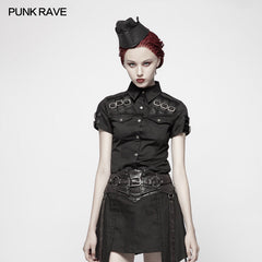 WY-954 Military Short Sleeve Shirt With PU Loop And Metal Adjustment Buckle Blouse?-??Punk Rave Clothing