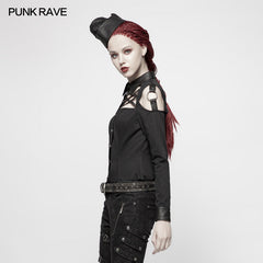 WY-979 Punk Cross Long Sleeve Hollow-out Shoulder Shirt?-??Punk Rave Clothing