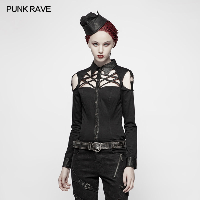 WY-979 Punk Cross Long Sleeve Hollow-out Shoulder Shirt?-??Punk Rave Clothing
