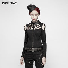 WY-979 Punk Cross Long Sleeve Hollow-out Shoulder Shirt?-??Punk Rave Clothing