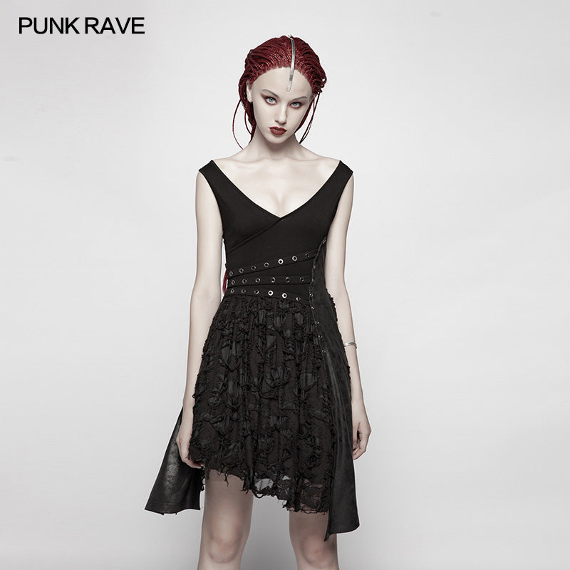 WQ-384 Punk Stretch Knitting Deep V Asymmetrical Dress?-??Punk Rave Clothing
