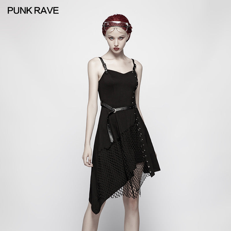 OQ-398 Daily Dark Punk Spaghetti Straps Asymmetrical Mesh Dress?-??Punk Rave Clothing