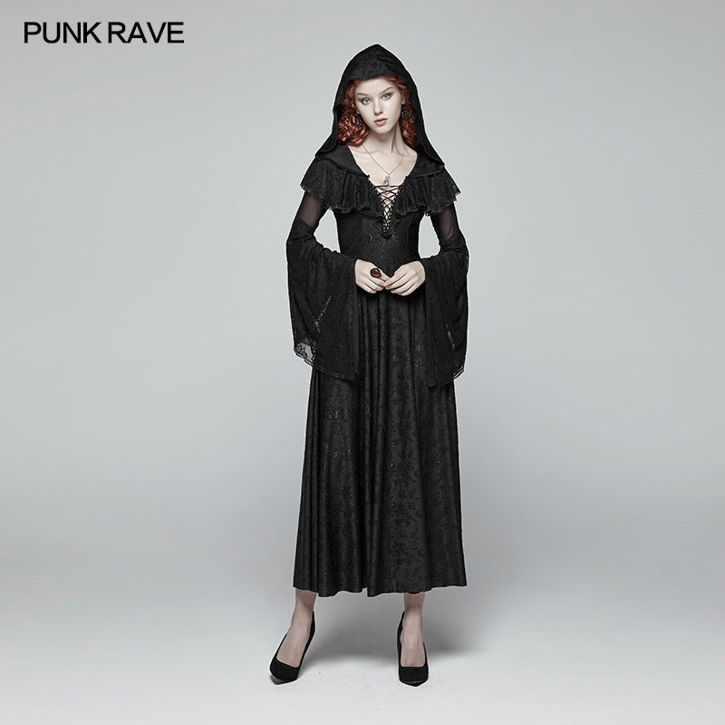 WQ-401 Sexy Goth Lace-up V Neck Long Sleeves Long Dress?-??Punk Rave Clothing