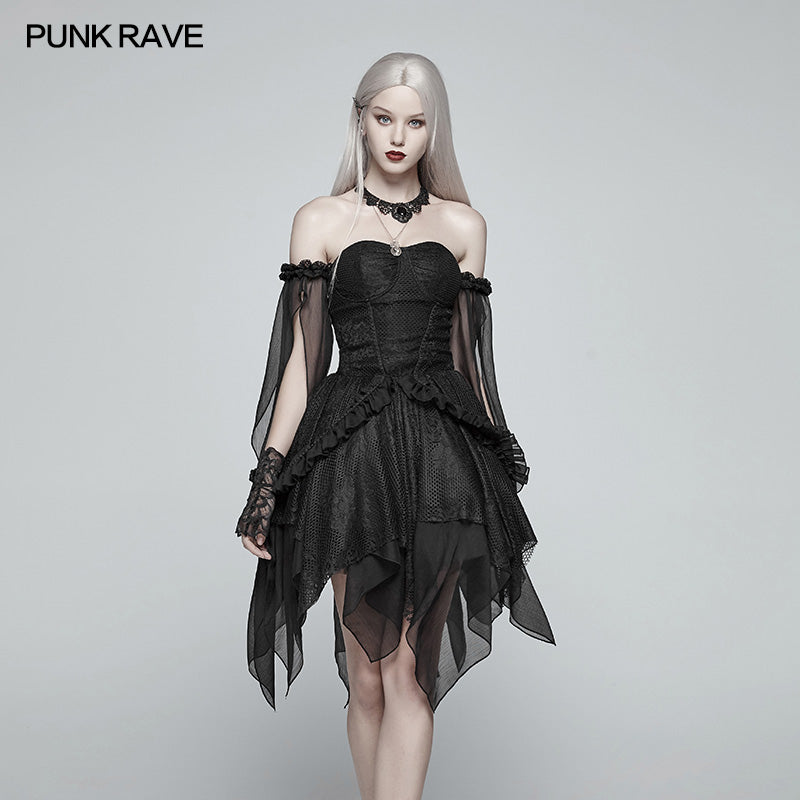 WLQ-089 Lolita black Off Shoulder Irregular Hem Elf Dress?-??Punk Rave Clothing