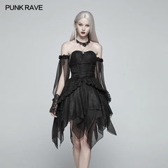 WLQ-089 Lolita black Off Shoulder Irregular Hem Elf Dress?-??Punk Rave Clothing
