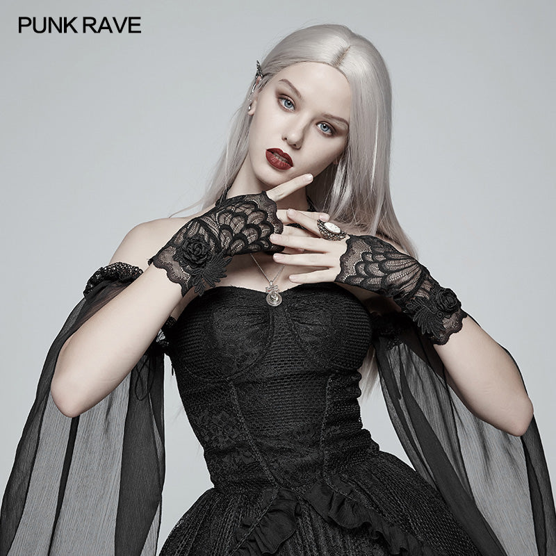 WS-285 Gothic black Lace Tulle Glove - One Pair?-??Punk Rave Clothing