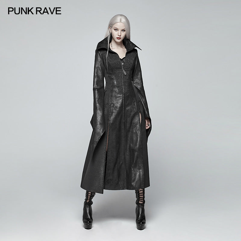 WY-984 Gothic Judge Standing Collar PU Long Coat?-??Punk Rave Clothing