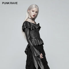 WT-550 Gothic Stretch Dark Pattern Asymmetric Collar Top With Ruffle Cuff?-??Punk Rave Clothing