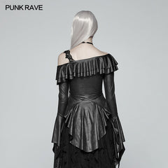 WT-550 Gothic Stretch Dark Pattern Asymmetric Collar Top With Ruffle Cuff?-??Punk Rave Clothing