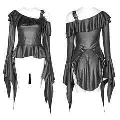 WT-550 Gothic Stretch Dark Pattern Asymmetric Collar Top With Ruffle Cuff?-??Punk Rave Clothing